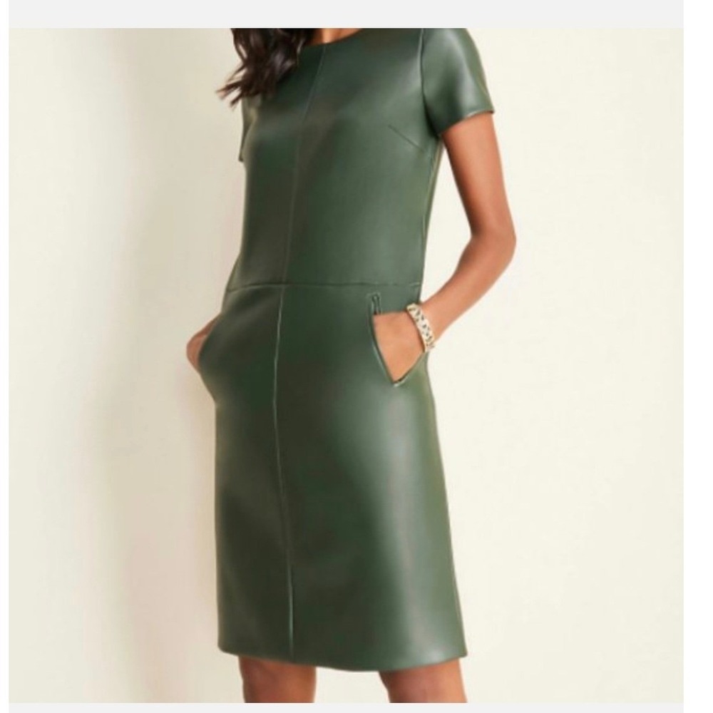 Ann Taylor Faux Leather Shift Dress Green Short Sleeve Pockets Sheath RN77379 0P